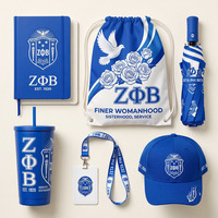Ensemble cadeau personnalisé pour la Journée des Demandes de Membre : Gobelet, Casquette, Parapluie, Carnet et Lanière, avec lettres grecques bleu roi et blanc, pour sororité