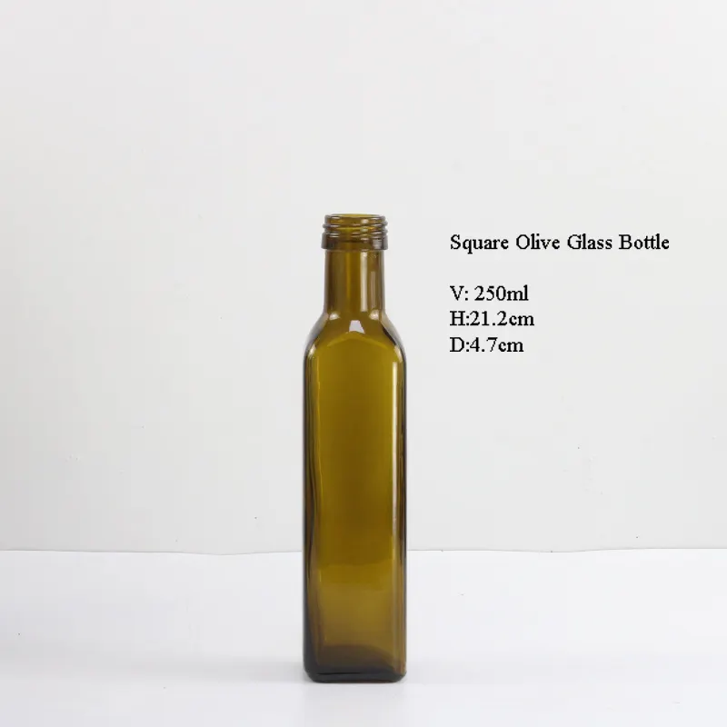 250ml 500ml Vidrio verde antiguo Cuadrado redondo Marasca Dorica Botellas de vidrio de aceite de oliva oscuro Botella de embalaje de aceite de oliva