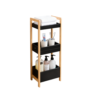 Estante de Almacenamiento de Bambú para Baño, Organizador Delgado de 3 Niveles, Unidad de <span class=keywords><strong>Madera</strong></span> con Bandejas Negras para Toallas y Artículos de Aseo - Product Image 1