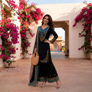 Black Embroidered Salwar Kameez Set With <b>Dupatta</b> Traditional Indian Pakistani Women Loose Fit Ankle-Length Polyester Casual Wear - Product Image 2