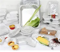 Tek kullanımlık gıda sınıfı özel logo dikdörtgen alüminyum folyo gıda kapları 550ml gümüş alüminyum folyo tava/tepsileri temizle kapaklı
