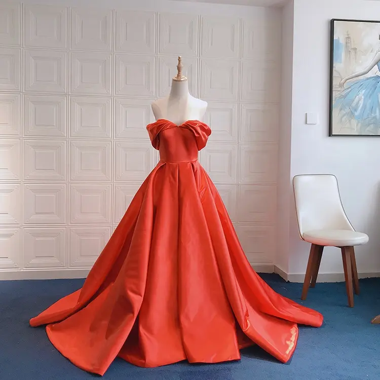 satin wedding dress bride gown prom dress orange color off shoulder long tailing zipper