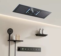 Robinet thermostatique monocommande contemporain en laiton brossé pour salle de bain, avec jet de pluie doux et fonction pause, en céramique dorée, à montage mural