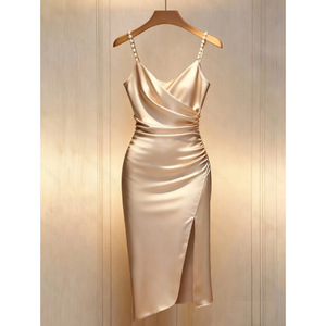 Abito da Donna Nuovo Elegante Monocolore <span class=keywords><strong>con</strong></span> Scollo Incrociato, Dettaglio Perle, Spacco, Vita Definita e Bottoni, Lunghezza Metà Polpaccio <span class=keywords><strong>con</strong></span> Cinturino - Product Image 1