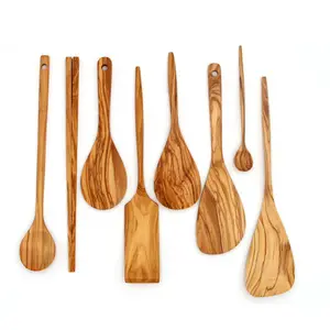 Factory Custom Natural Olive Wood Ladle Spatula Spoon Turner Set Nonstick Wooden Kitchen Utensils For Cooking