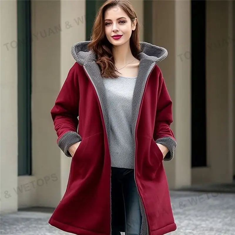 Plus Size Women's Coats Winter Hooded Double-Sided Fleece Hoodie Fashion Medium Length Warm Winter Coat Women