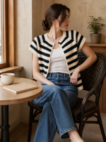 Cardigan en tricot court à rayures noires et blanches pour femme, col rond, manches courtes, boutonné, vente en gros