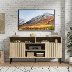 Metà secolo moderno <span class=keywords><strong>TV</strong></span> Stand Cabinet <span class=keywords><strong>in</strong></span> legno naturale centro di intrattenimento scaffali di stoccaggio per <span class=keywords><strong>50</strong></span>/55/60/65 <span class=keywords><strong>pollici</strong></span> TVs per soggiorno - Product Image 6