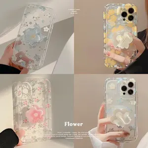 Cute Quicksand Pink Flower Holder Phone Case For Iphone 15 14 12 13 Pro Max Plus Japan Korea Girl Stand Floral Clear Soft Cover