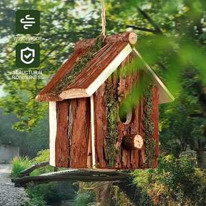 Casa per gli uccelli <span class=keywords><strong>in</strong></span> <span class=keywords><strong>legno</strong></span> rurale con caldo Design appeso impermeabile decorato con muschio e corteccia di albero naturale finitura modello solido - Product Image 2