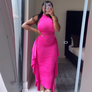 Nouveau débardeur sans manches de couleur unie d'été pour femmes élégantes avec jupe longue à bord à volants ensemble décontracté de <span class=keywords><strong>2</strong></span> pièces - Product Image 3