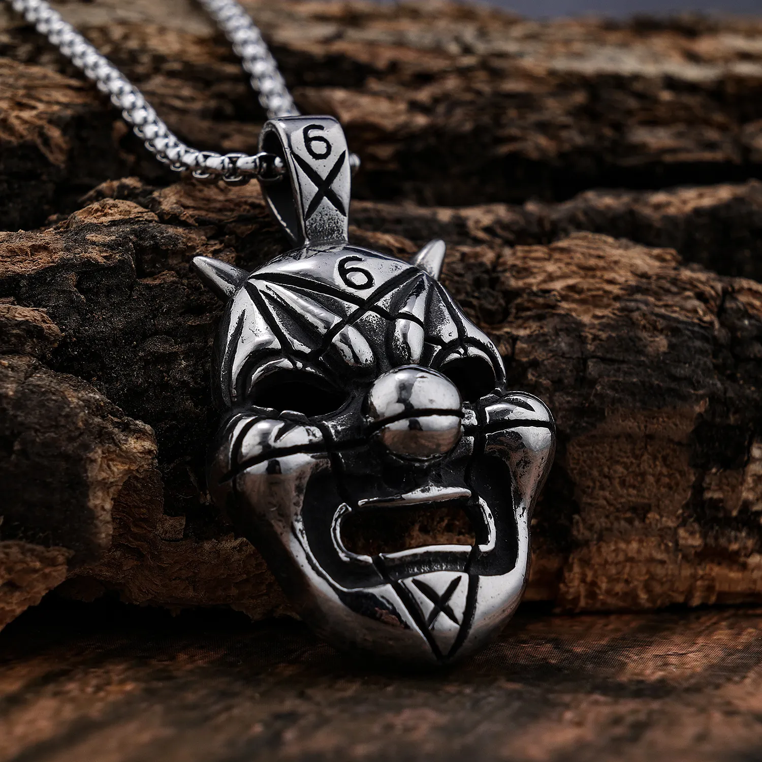 Stainless Steel Number 6 Pentagram Star Scar Face Dark Horror Death Gothic Mask Movie Game Character Pendant Necklace