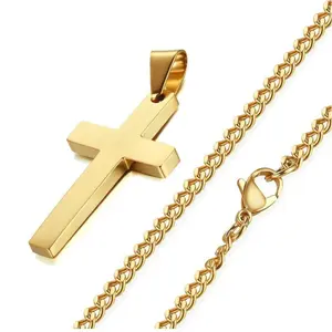 Religion Hip Hop Jewelry IP Gold Plating Stainless Steel Plain Cross Pendant Necklace