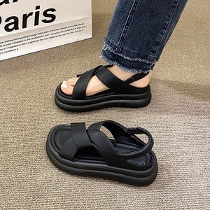 Black Faux Leather Platform Sandals Open Toe Flat Heel Cushioned Slip-On Summer Women's <b>Shoes</b> - Product Image 1