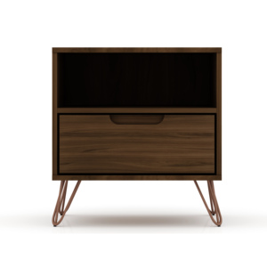 Nightstand In <b>Chestnut</b> Brown Wood With Metal Legs Modern Storage Cabinet For Bedroom Or Living Room - Product Image 1