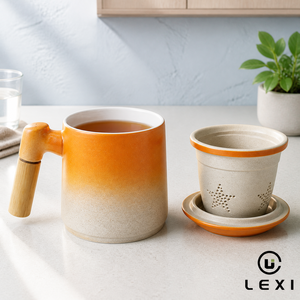 Ensemble de tasses à thé en porcelaine à feuilles détachables de couleur personnalisée avec poignée en bois, mug à café et à thé, 401-500 ml, compatible micro-ondes et lave-vaisselle, marque LEXI - Product Image 1
