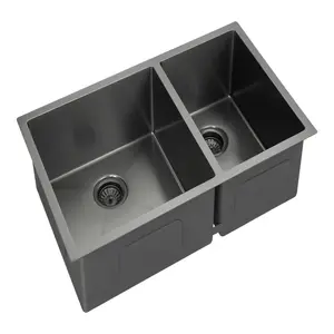 Double Bowl Undermount Handmade Kitchen Handmade Sink Sink Offset Stainless Steel SUS304 Nano Black European Brushed Rectangular
