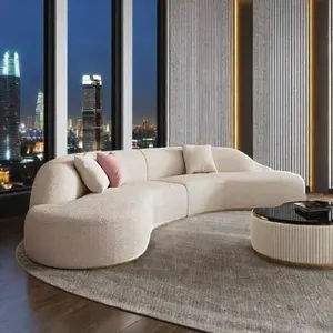 Beige Sofa Teddy Fabric Curved Combination All Wood Structure Hot Selling Modern Design Living Room Office Building
