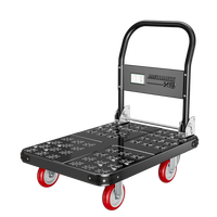 Chariot de manutention industriel robuste en acier gaufré avec poignée pliable, 4 roues, chariot à main d'entrepôt, roulettes en PU noires, OEM