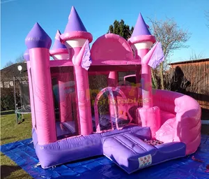 Castillo de rebote rosa con tobogán para niños, tobogán inflable, combo de Casa de rebote