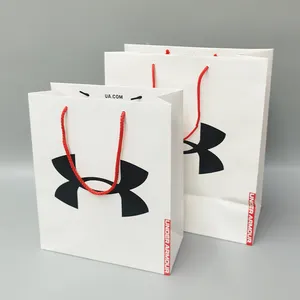 Wholesale Custom Kraft White Gift Promotion Shopping Embossing Grocery Paper Bags With Black Ribbon Handle