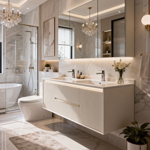 Set Completo di <span class=keywords><strong>Mobile</strong></span> <span class=keywords><strong>Bagno</strong></span> con Doppio Lavabo in Ceramica, Rubinetto, Specchio e Armadietto, Assemblaggio Modulare - Product Image 2