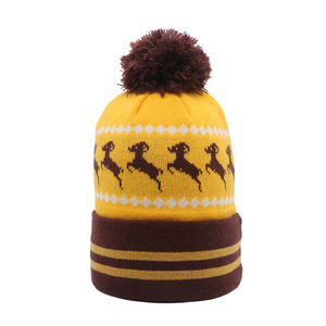 Brown High Quality 100% Acrylic Custom Embroidery Logo Jacquard Knitted Beanie <b>Hat</b> Unisex Adults Kids <b>Pompom</b> <b>Hat</b> - Product Image 2