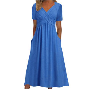 Nuovo <span class=keywords><strong>Abito</strong></span> Estivo da Donna alla Moda, Manica Corta, Tinta Unita, con Tasche, Scollo a V <span class=keywords><strong>Incrociato</strong></span>, Lunghezza <span class=keywords><strong>Midi</strong></span>, Casual - Product Image 1