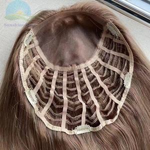 Toupet de <span class=keywords><strong>cheveux</strong></span> européens vierges noués à la main pour femmes, postiche de <span class=keywords><strong>cheveux</strong></span> humains à grande base, topper de <span class=keywords><strong>cheveux</strong></span> bruns <span class=keywords><strong>avec</strong></span> dentelle mono, 100 - Product Image 1