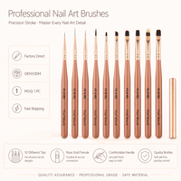 Lot de 10 pinceaux de nail art en gros, manche en bois peint, pinceaux ronds, angulaires, plats et liner, pour gel, vernis et fournitures de manucure en salon
