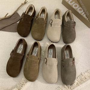 Leather Bocken Women's Plush Cotton Shoes, 2027 New Style, Autumn-winter Retro Japanese Style, <b>One</b>-piece Flat-bottom Shoes - Product Image 1