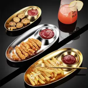 Korean Golden Restaurant French Fries Tray 304 Stainless Steel Oval Sushi Shrimp Dumpling Plate Barbecue Snack Seasoning Dish