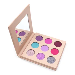 Paleta de sombra de ojos personalizada de larga duración mezclable de cartón cosmético de 9 colores con espejo