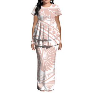 فستان نسائي قصير الأكمام مكشكش بمقاسات كبيرة بطباعة هاواي، طقم من قطعتين على الطراز الساموي، فستان سهرة مخصص للبيع بالجملة - Product Image 5