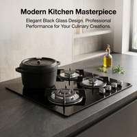 Cuisinière multifonction noire à quatre brûleurs avec surface en verre, encastrable, gaz et électrique, avec allumage électronique
