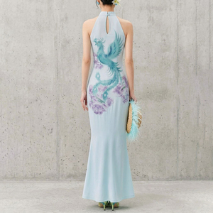 Nouvelle robe longue de soirée élégante à col chinois en forme de paon, à épaules dénudées, coupe ajustée, style cheongsam - Product Image 5