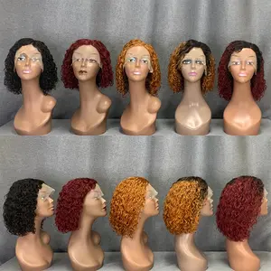 Wholesale jerry curls C part women perruque 10inch colored water wave short bob machine made curly pixie closure wig