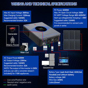 Inversor Solar Híbrido Y&H de 4.2KW, Conexión a Red/Desconexión a Red, DC24V a AC220V, MPPT de 120A Integrado, Funcionamiento sin Batería, Salida de CA Dual - Product Image 3