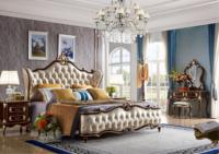 Ensemble de meubles de chambre à coucher de luxe, style royal français classique, en bois de hêtre, avec feuille d'or et tissu italien, pour lit double, antique européen, pour lits Queen/King