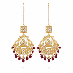 Bridal Ethnic Chandelier Earrings Claw Setting Pearl Chain <b>Matching</b> Maang Tikka Gold Plated Vintage Traditional Jewelry Studded - Product Image 2
