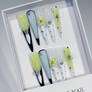 Nouveau produit lancé, fleurs longues et pointues, douces et élégantes, avec motifs gravés en 3D aux couleurs vives, ongles press-on faits à la main - Product Image 5