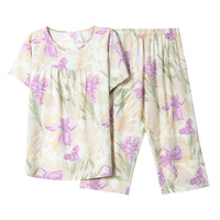 Ensemble pyjama 2 pièces en coton et soie imprimé floral pour femme, coupe ample, manches courtes, pantalon mi-mollet, col rond, idéal printemps-été-automne