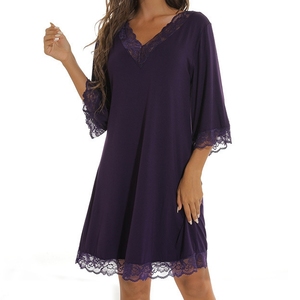 <strong>Women</strong> Sexy Lace V Neck Modal Cotton Nightgown Loose Seven Sleeve Plus Size Home Sleep Dress S 2XL - Product Image 6