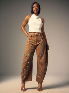 Vaqueros rectos de mezclilla Y2K <span class=keywords><strong>con</strong></span> salpicaduras de pintura marrón, de talle alto, de <span class=keywords><strong>tela</strong></span> gruesa, estilo vintage, streetwear artístico, transpirables, para verano. - Product Image 4