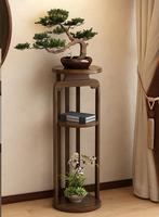 Support à fleurs en bambou de style chinois et vitrine antique – Support de plantes rond sur pied pour salon, balcon, salle à manger