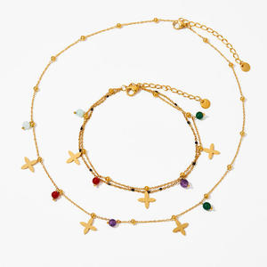 Chaîne de cheville double couche en émail avec pendentif trèfle à quatre feuilles en pierre naturelle colorée en acier inoxydable pour femme - Product Image 6