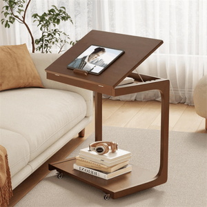 Table d'appoint pliante multifonctionnelle en bois massif en forme de C pour salon et chambre à coucher - Product Image 1