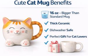 Taza de Café con Diseño de Gato Adorable - 16 oz, Cerámica Hecha a Mano, Regalo para Amantes de los <span class=keywords><strong>Gatos</strong></span>, Apta para Microondas, Congelador y Lavavajillas, Diseño de Gato Naranja - Product Image 6