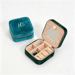 Emerald Green Velvet Jewelry Box <b>Square</b> Zipper Closure Elegant Organizer with <b>Mirror</b> and Compartments - Product Image 1