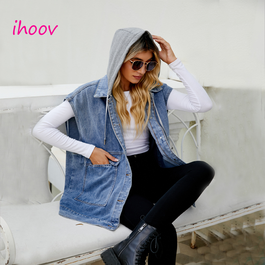 IHOOV women denim Hoodie vest Jacket trendy tank top sleeveless hooded vest